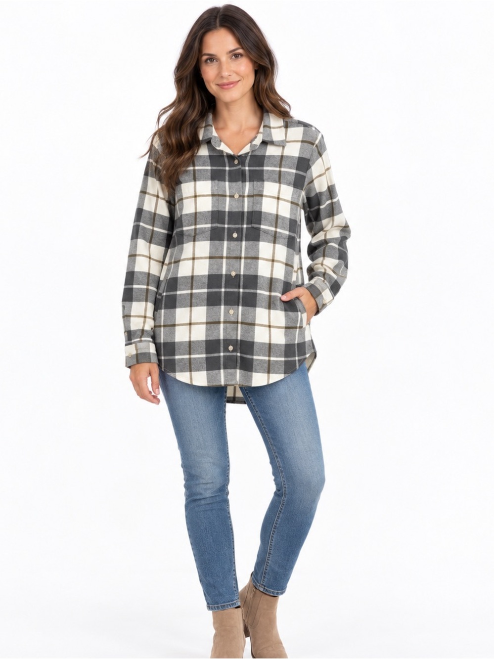 Thread & Supply Plaid Flannel Button Down Pocket Shirt Cream Gray XS